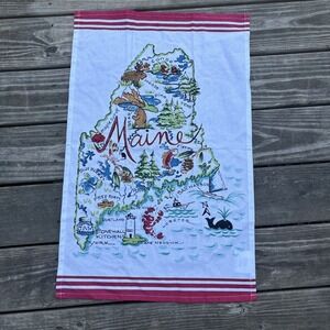 Stonewall Kitchen Tea Towel Maine Map Red Stripes cotton 18" X 28"